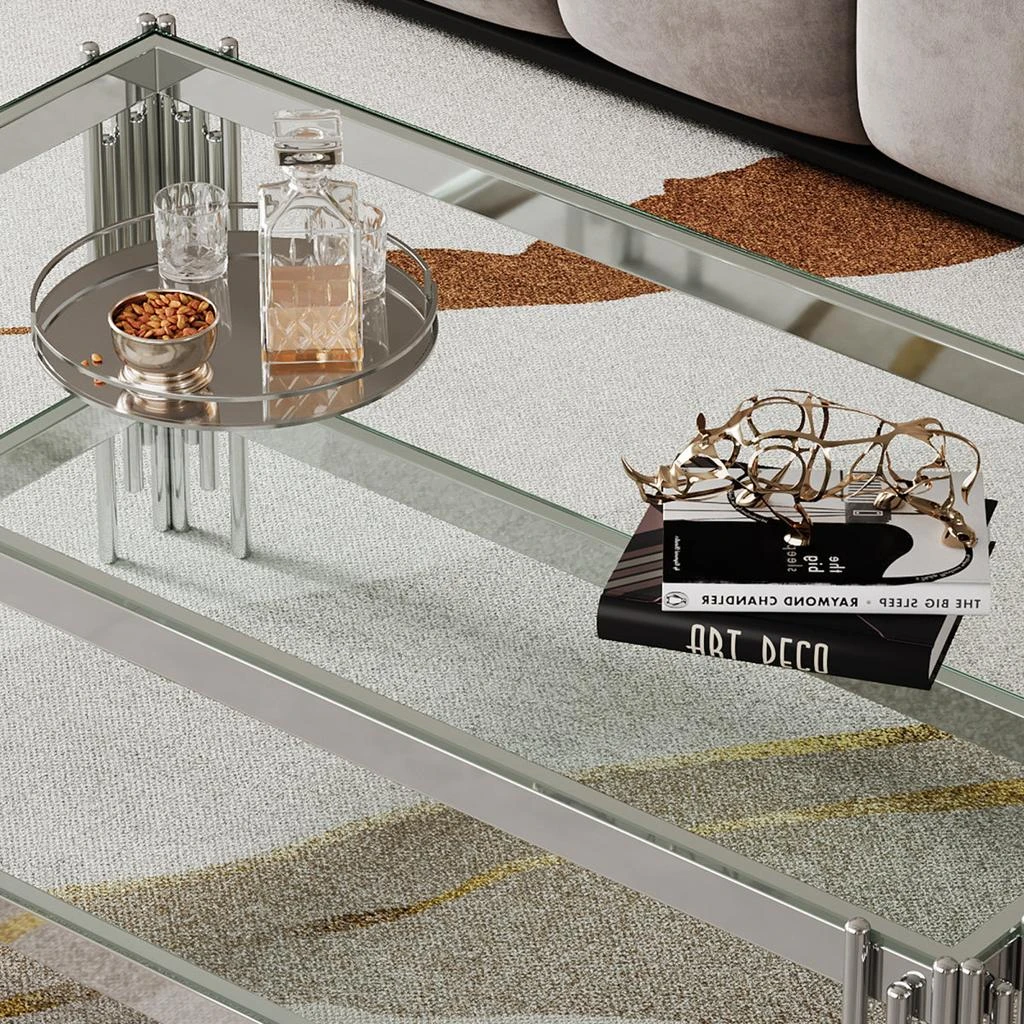 Streamdale Furniture Streamdale Double Layer Tempered Glass Coffee Table with Mirror Stainless Steel Frame 3