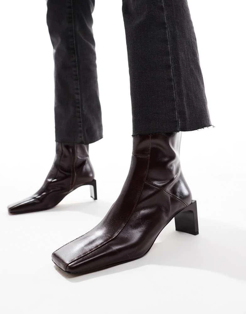 ASOS ASOS DESIGN Raine premium square toe mid-heel boots in burgundy leather 3
