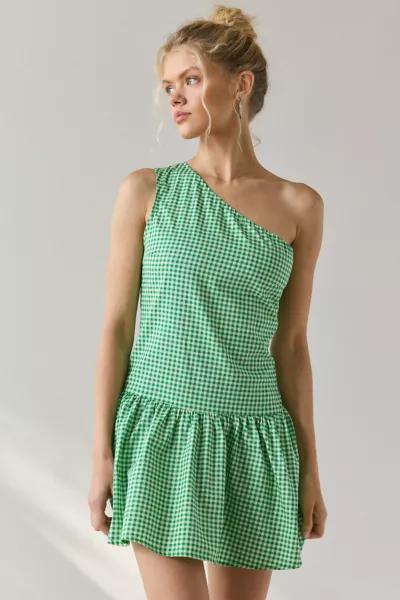 Motel Motel Munasa One-Shoulder Drop Waist Gingham Mini Dress