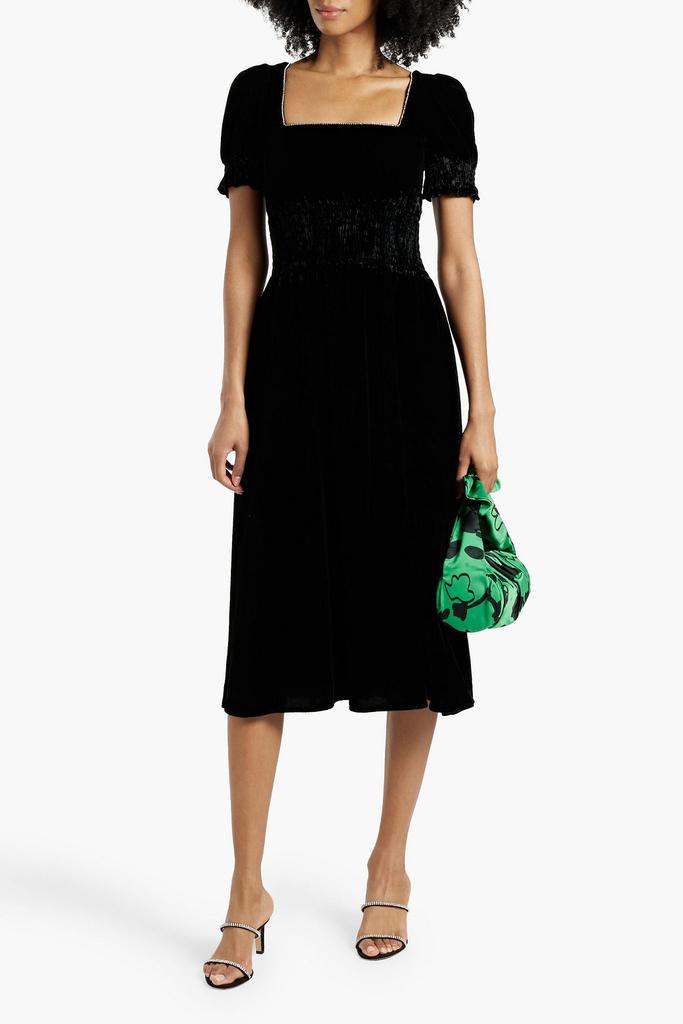 HVN Holland shirred crystal-embellished velvet midi dress