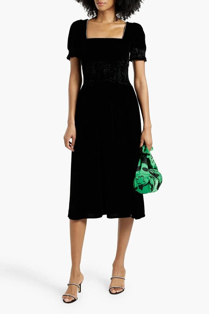 HVN Holland shirred crystal-embellished velvet midi dress 2