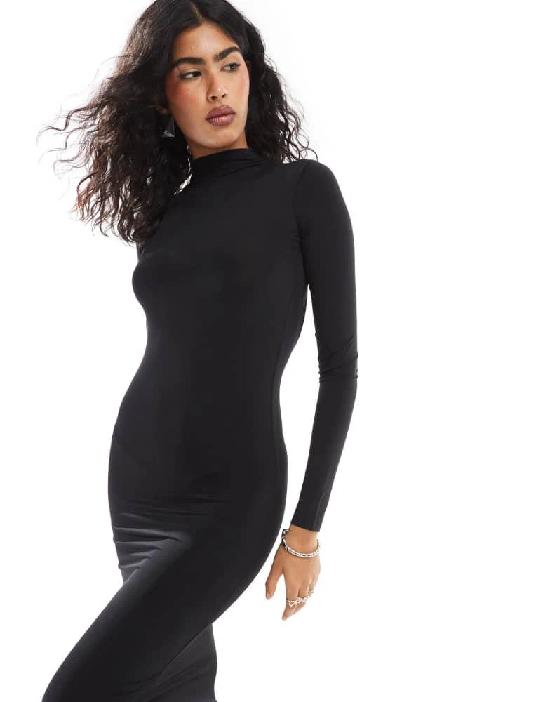 Pull&Bear Pull&Bear sculpt polyamide backless maxi dress in black 2