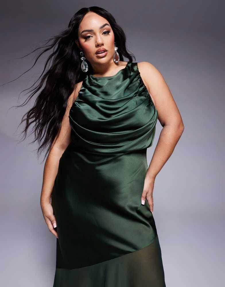 ASOS ASOS DESIGN Curve satin chiffon mix draped bodice maxi dress in deep green 4