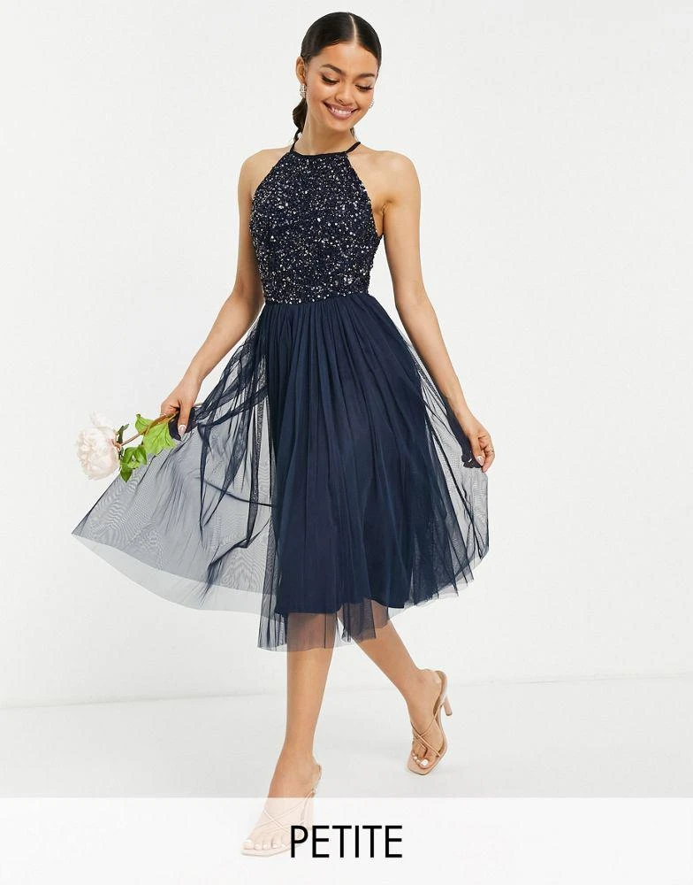 Maya Maya Petite Bridesmaid halter neck midi tulle dress with tonal delicate sequins in navy 1