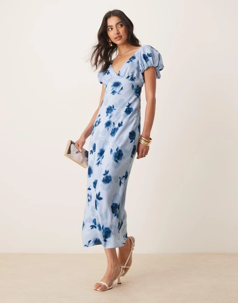 Abercrombie & Fitch Abercrombie & Fitch puff sleeve tie back slip maxi dress in blue floral 1