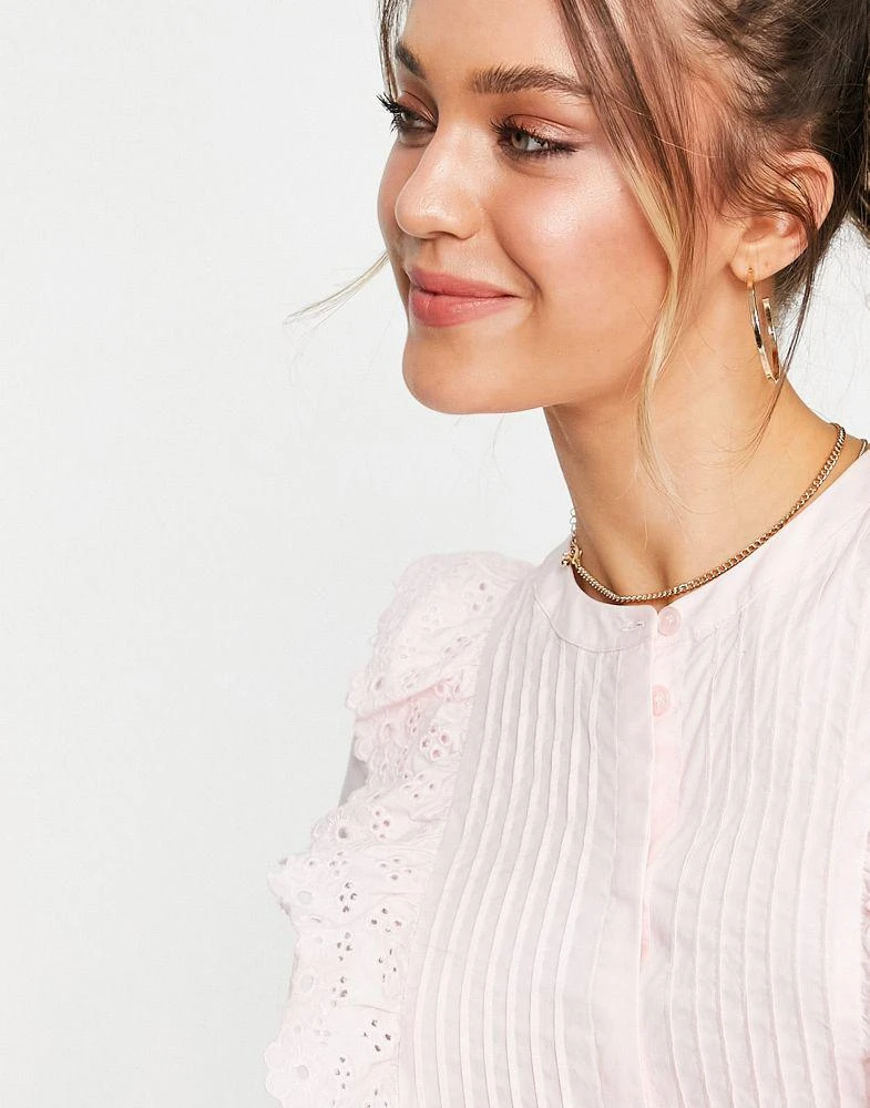 & Other Stories & Other Stories cotton frill embroidered mini dress in pastel pink - PINK 3