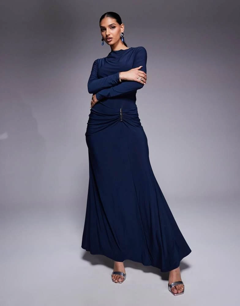 ASOS ASOS DESIGN long sleeve drape maxi dress with hitched skirt and trim  in navy - MODESTY - Dresses & Skirts - Free Shipping - BeyondStyle