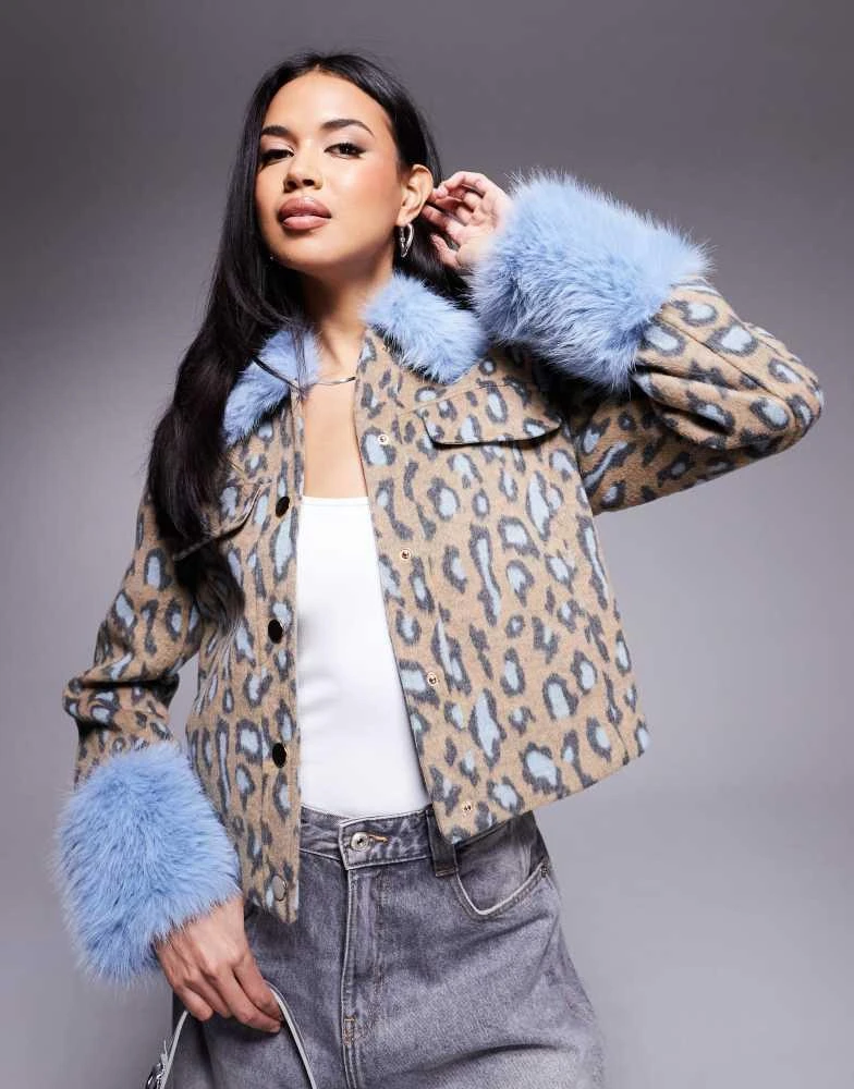 River Island River Island wool look jacket with faux fur detail in leopard print 2