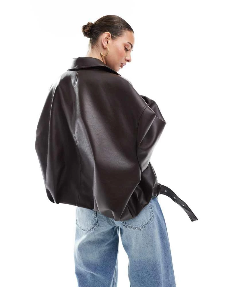 Pull&Bear Pull&Bear oversized faux leather biker jacket in chocolate 4