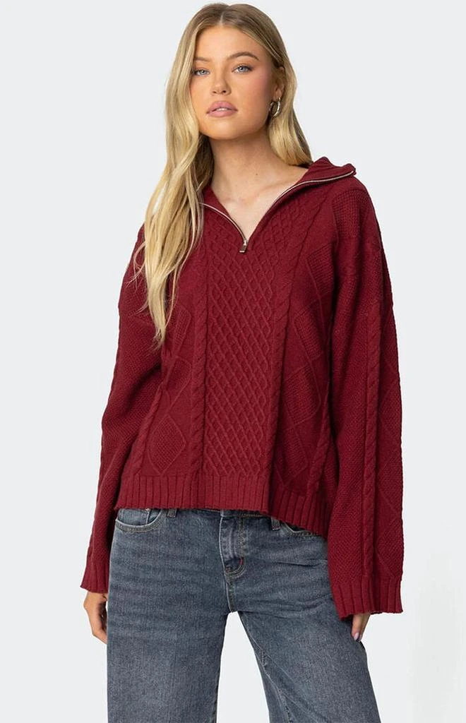 Edikted Oversized Quarter Zip Cable Knit Sweater 1
