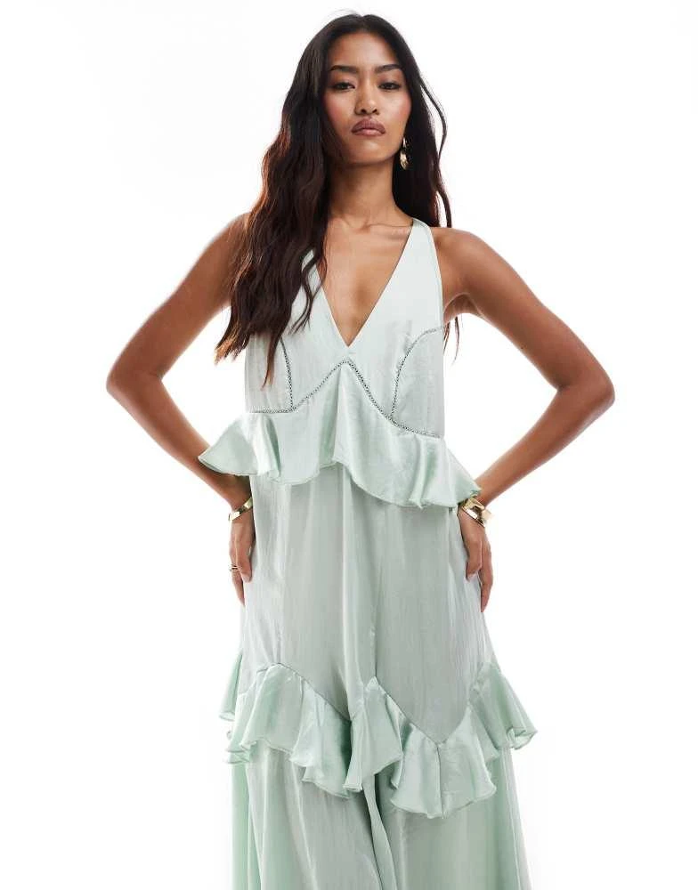 ASOS ASOS DESIGN satin scoop neck cross back midi dress with frills in sage green 4