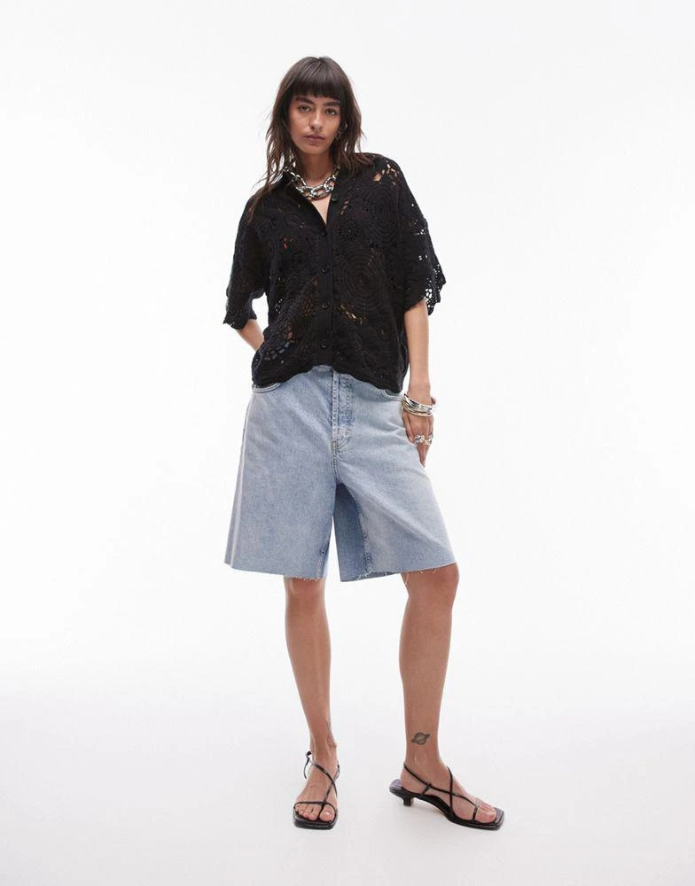 Topshop Topshop knitted crochet look polo shirt in black 4