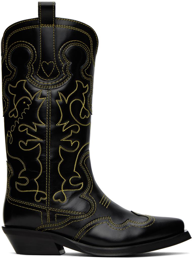Ganni Brown Mid Shaft Embroidered Western Boots - Shoes