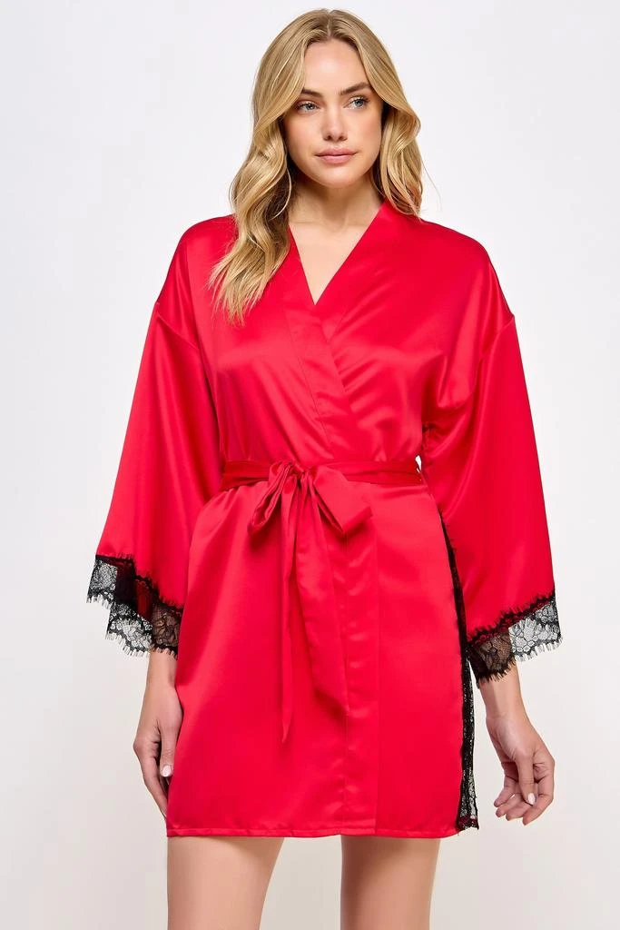 TRUEDAMES Luxury Satin Wrap Robe with Lace Accents