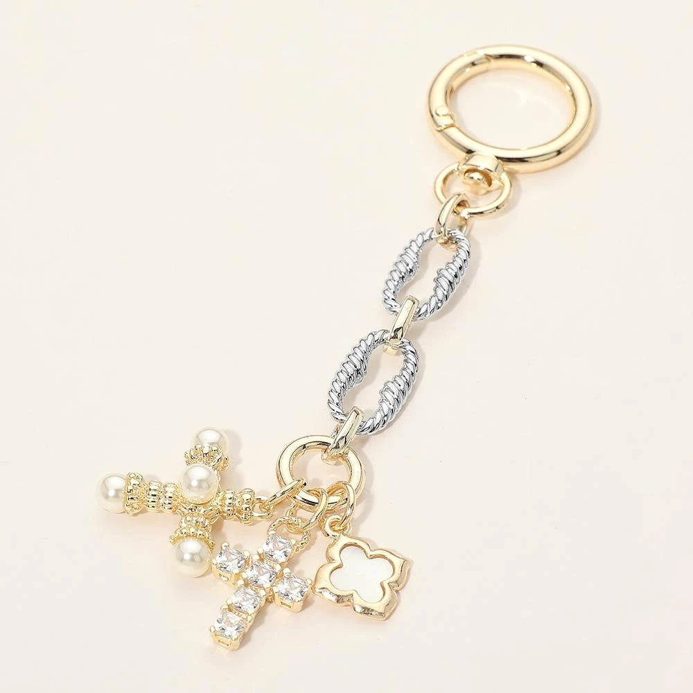 FASHNZFAB 14K Gold Plated Two Tone CZ Paved Pearl Tip Cross Mother of Pearl Clover Charm Drop Bag Charm Keychain