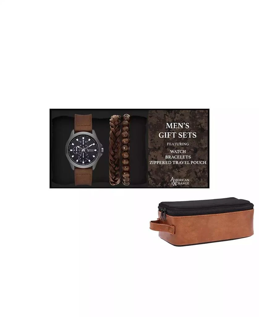 American Exchange Men's Quartz Movement Brown Leather Analog Watch, 47mm and Stackable Bracelet Set with Zippered Pouch 3
