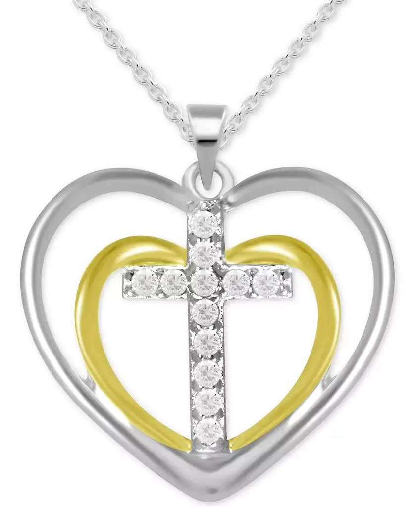 Macy's Diamond Double Heart Cross Pendant Necklace (1/10 ct. t.w.) in Sterling Silver & 14k Gold-plated Sterling Silver 1