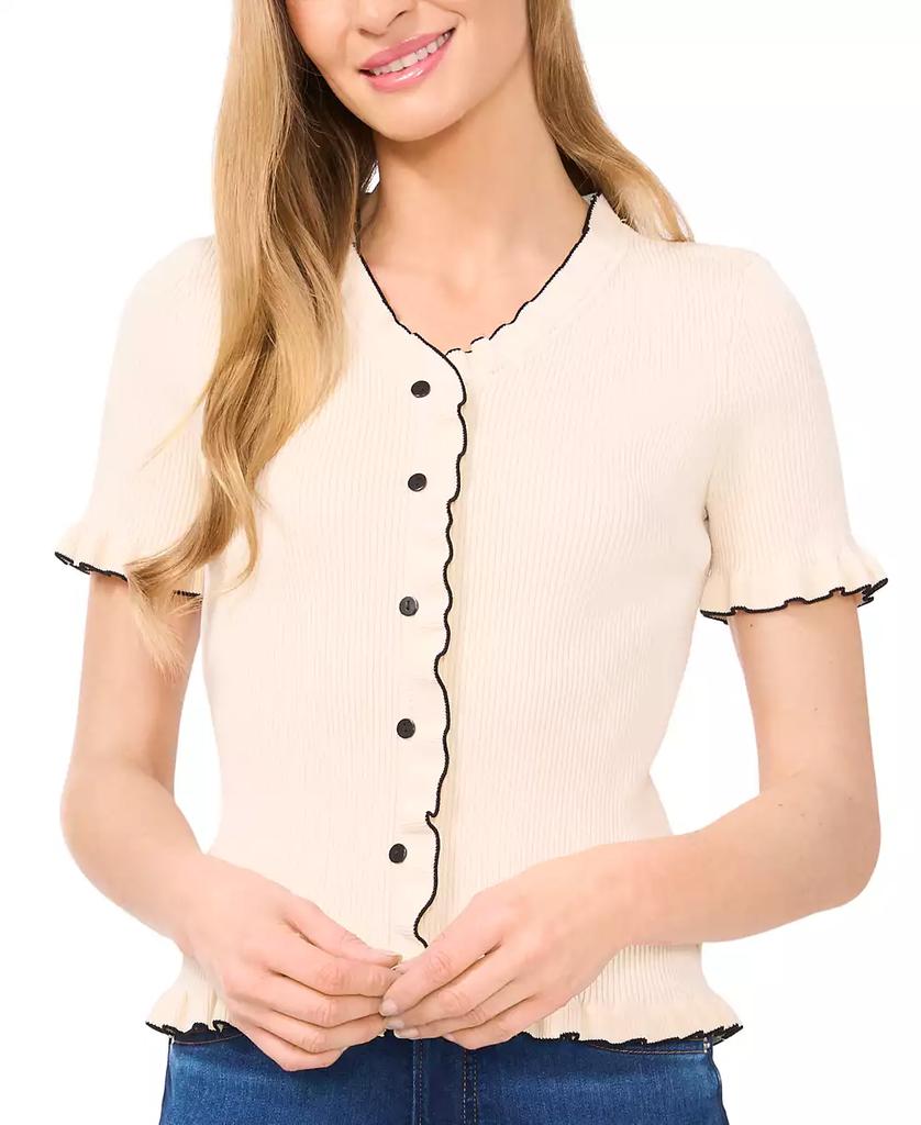 CeCe Women's Contrast-Trim Ruffled-Edge Short-Sleeve Cardigan