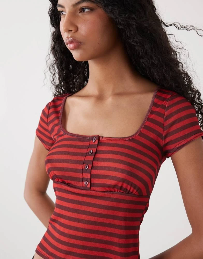 COLLUSION COLLUSION babydoll henley top in red and black stripe 3