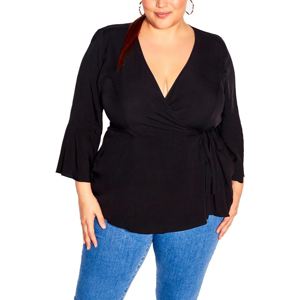 City Chic Plus Womens Dressy 3/4 Sleeve Wrap Top