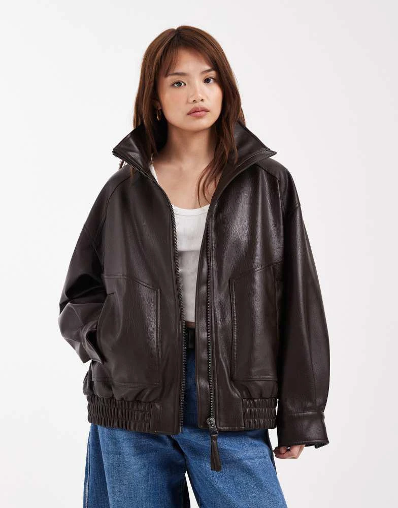 ASOS ASOS DESIGN Petite oversized leather look funnel bomber jacket in chocolate