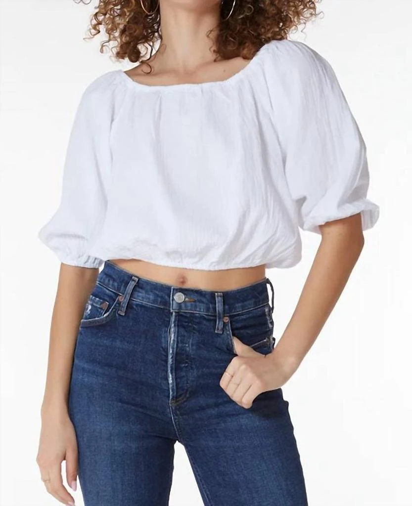 Bobi Boatneck Shirred 3/4 Sleeve Top In White 1