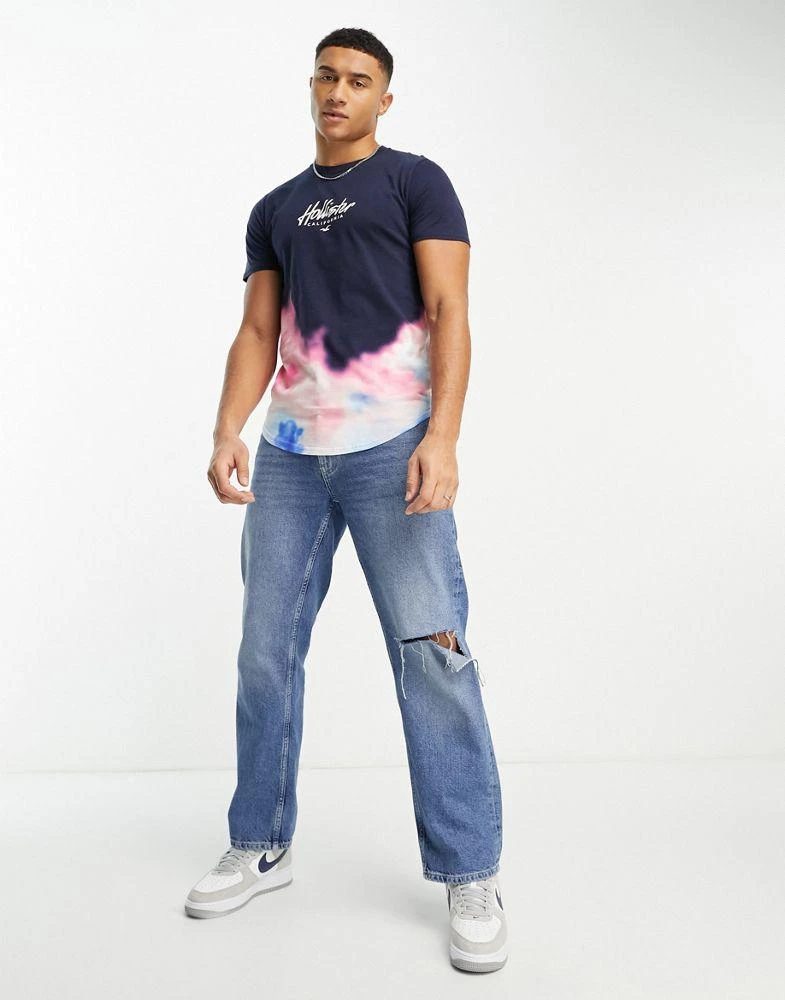 Hollister Hollister chest & back logo acid wash ombre longline t-shirt in blue 4