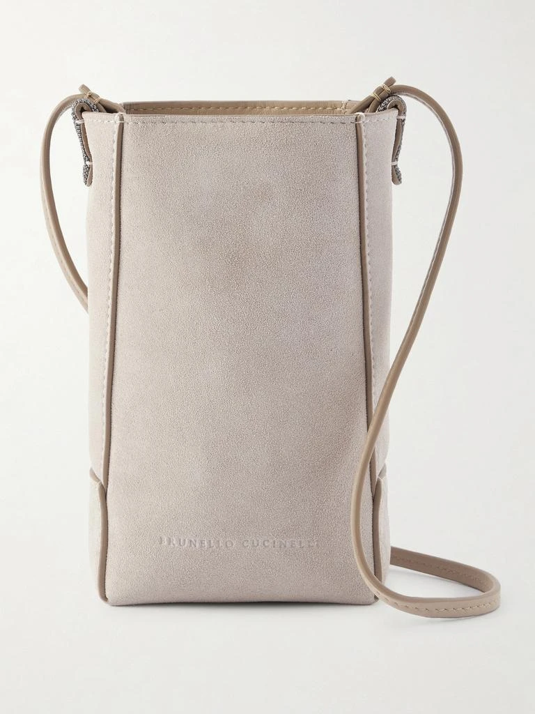 Brunello Cucinelli Embellished Leather-trimmed Suede Pouch - Light gray