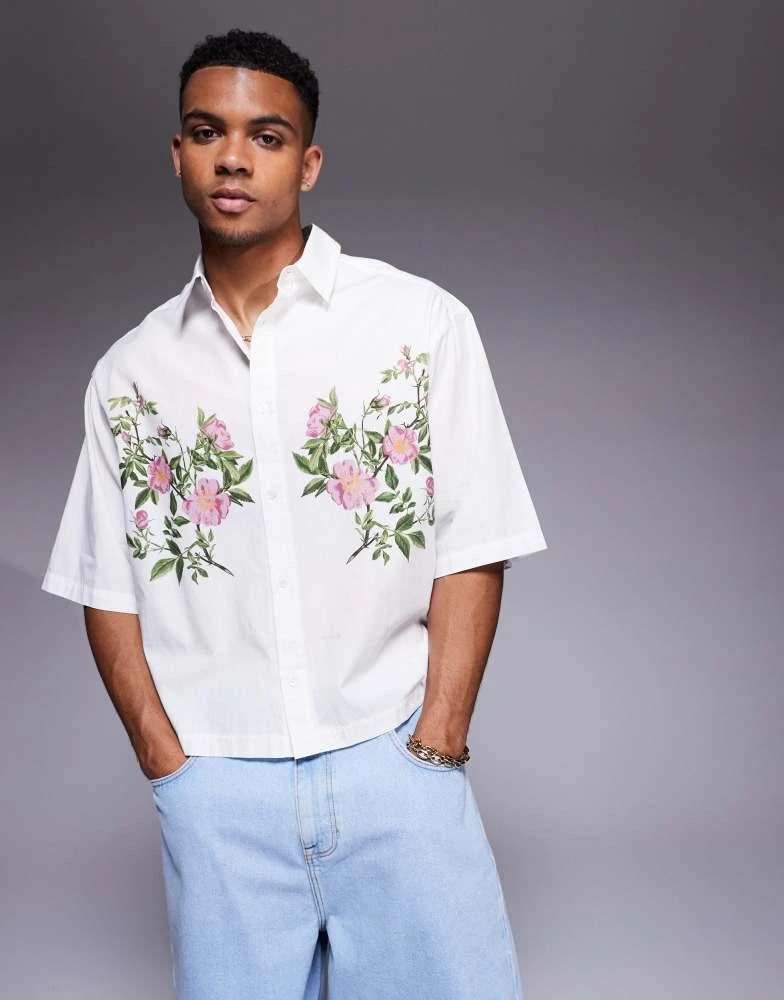 ASOS ASOS DESIGN oversized boxy poplin shirt with print in white 1