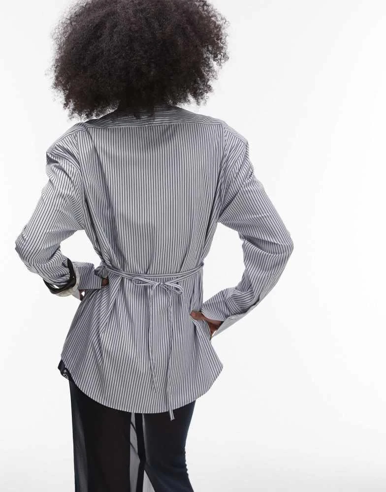 ASOS ASOS DESIGN oversized cinch waist shirt with tie in black pinstripe 3
