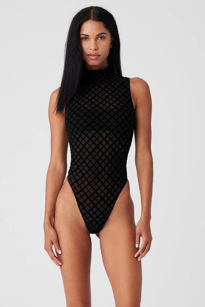 Alo Mesh Plaid Mock Neck Bodysuit - Black 1