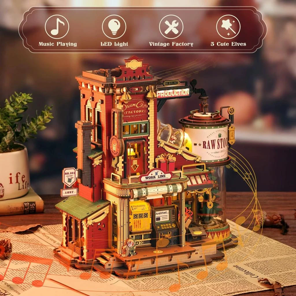 Robotime Rokr Dream Gift Factory 3D Wooden Puzzle with Light and Music - Christmas Gift Toy for Children and Kids Building Block Kit 3