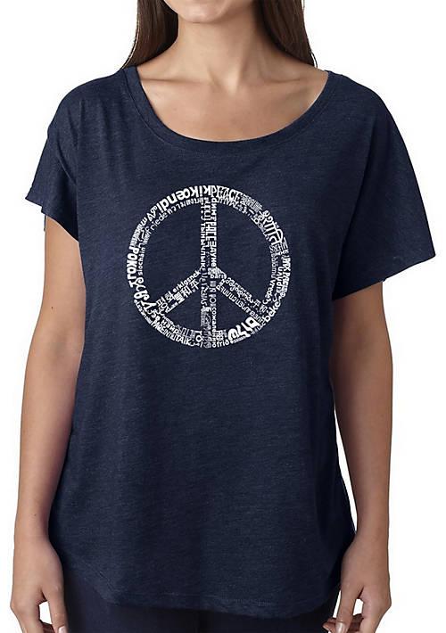 LA Pop Art Pop Art Loose Fit Dolman Cut Word Art T Shirt   The Word Peace In 77 Languages