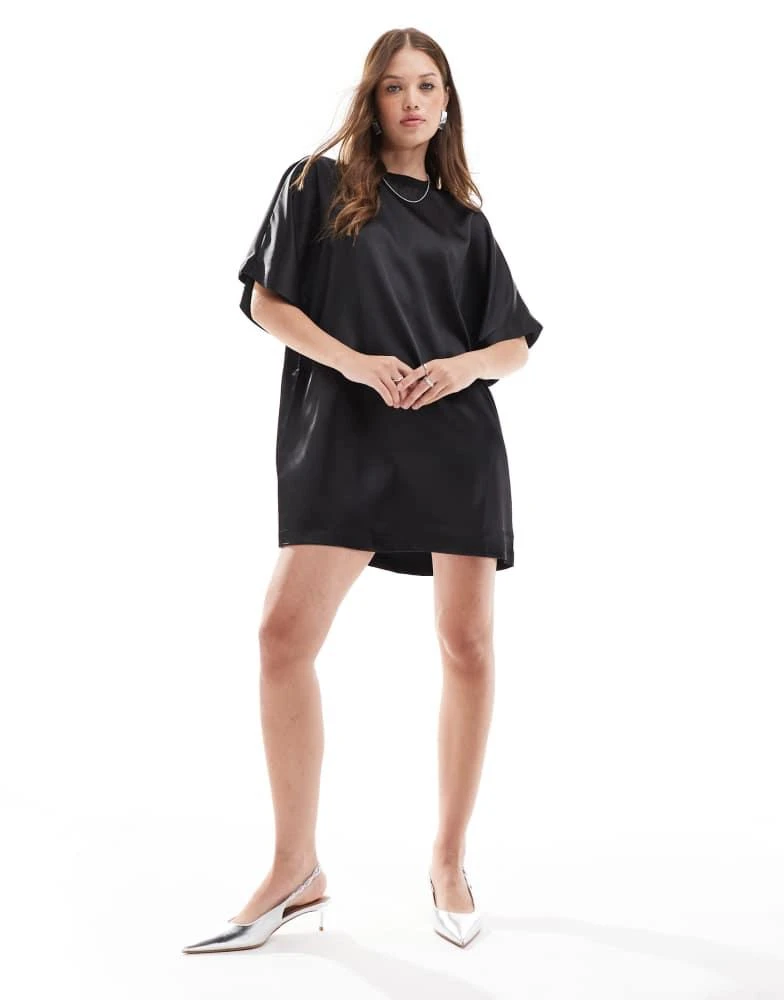 Shop ASOS DESIGN satin oversized mini tshirt dress in black on