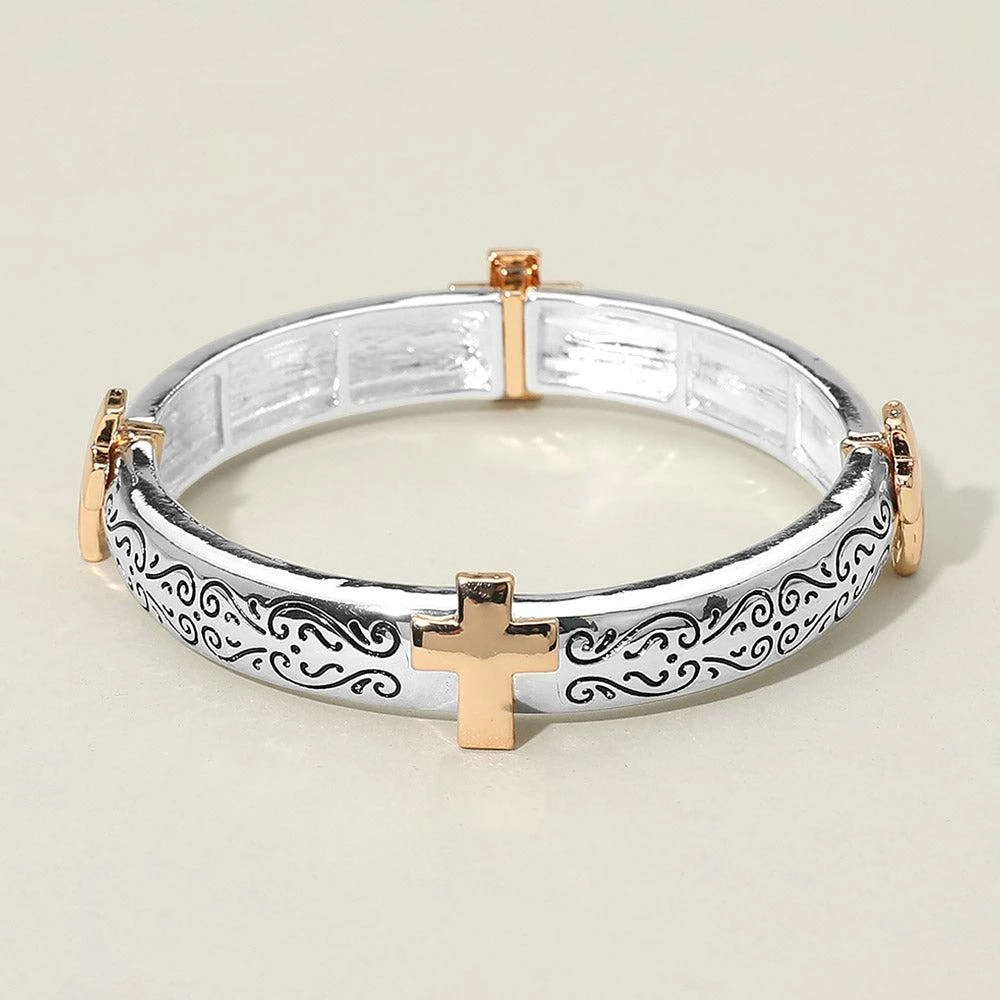 FASHNZFAB Antique Metal Cross Accent Stretch Bracelet