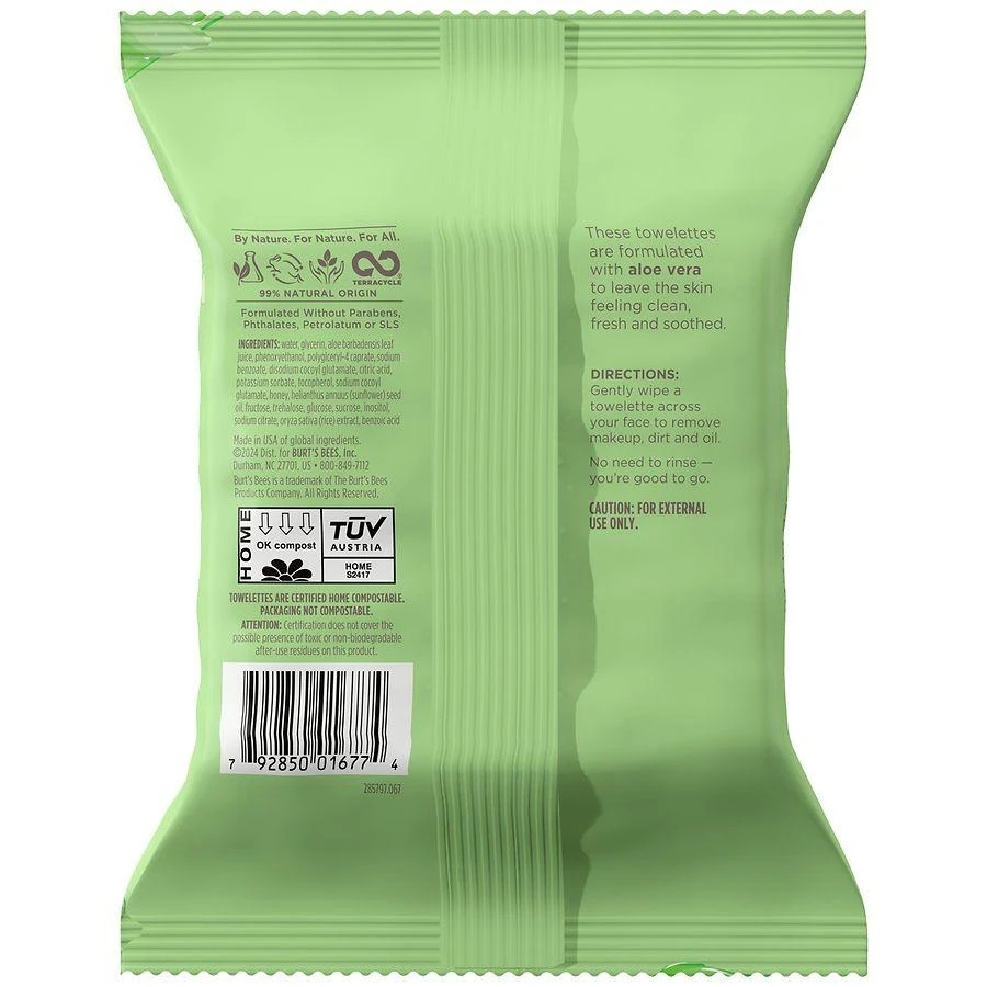 Burt's Bees Soothing 3-in-1 Pre-Moistened Towelettes for Sensitive Skin Aloe Vera 6