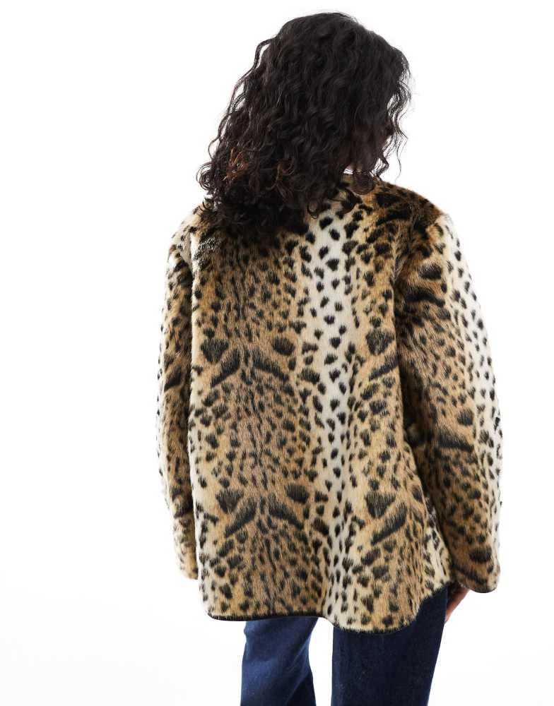 ASOS ASOS DESIGN leopard print faux fur collarless jacket in leopard 3
