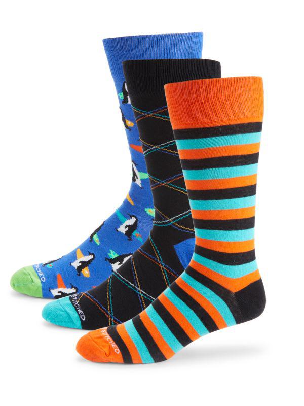 Unsimply Stitched 3-Pack Penguin Surfing Patterned Crew Socks