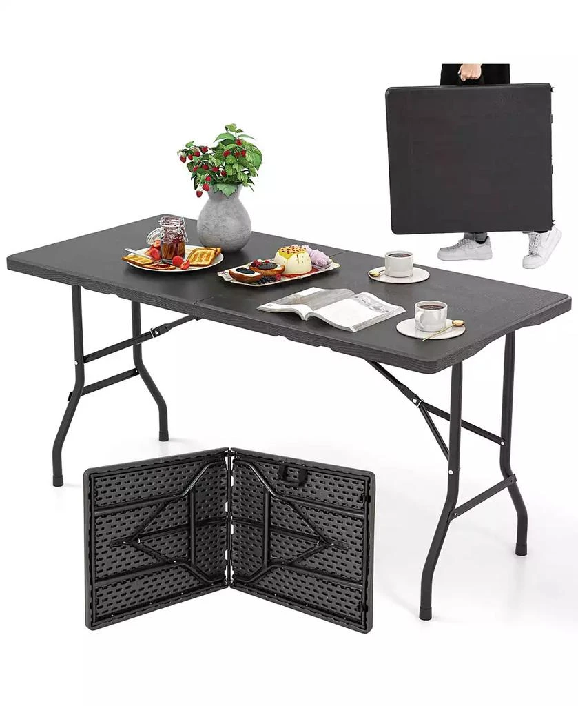 Costway 5 ft Folding Picnic Table Outdoor Dining Table with Rattan Grain HDPE Tabletop 1