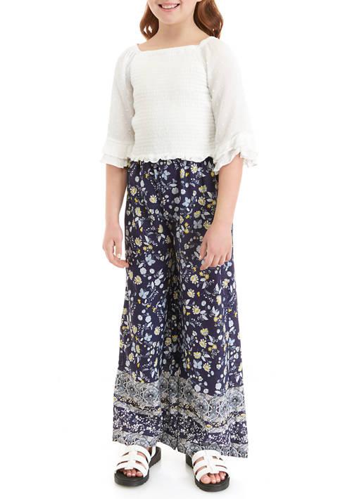 Rare Editions Editions Girls 7 16 Smocked Ruffle Sleeve Top And Border Print Wide Leg Pants Set