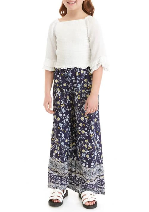 Rare Editions Editions Girls 7 16 Smocked Ruffle Sleeve Top And Border Print Wide Leg Pants Set 1