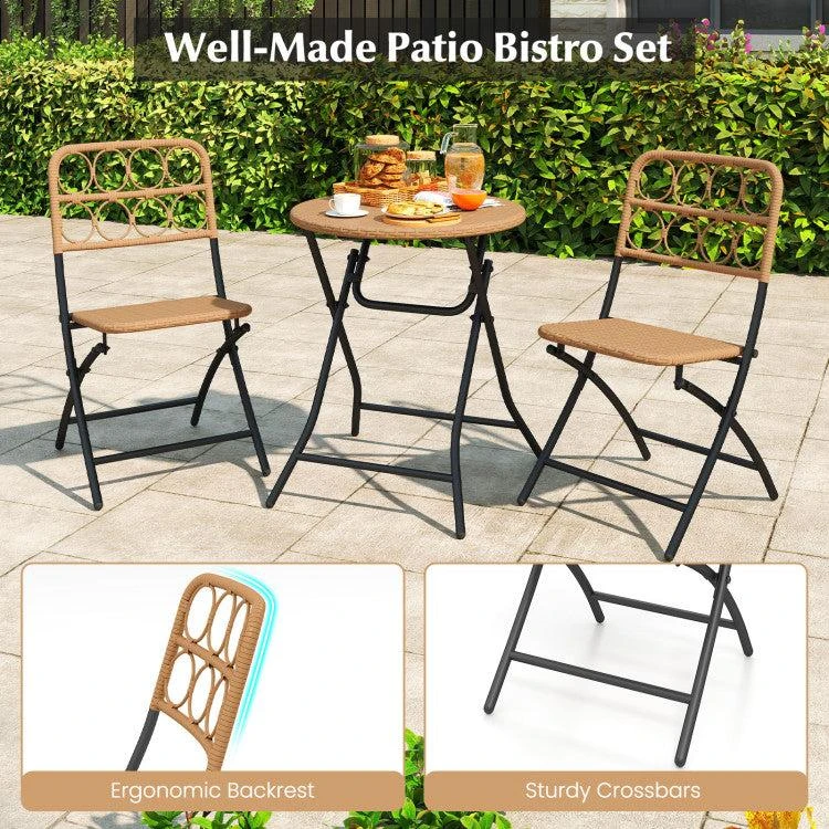 Hivvago 3 Piece Patio Bistro Set Folding Round Table and Chairs with Wicker Seat 5