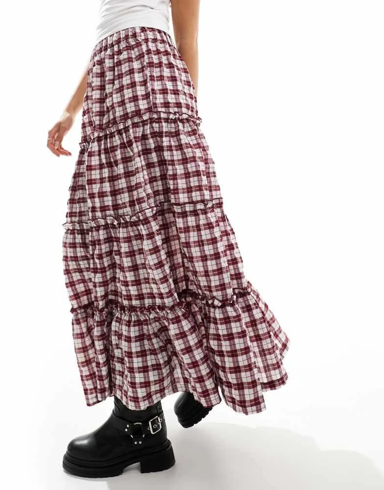 Bershka Bershka tiered maxi skirt in burgundy check 4