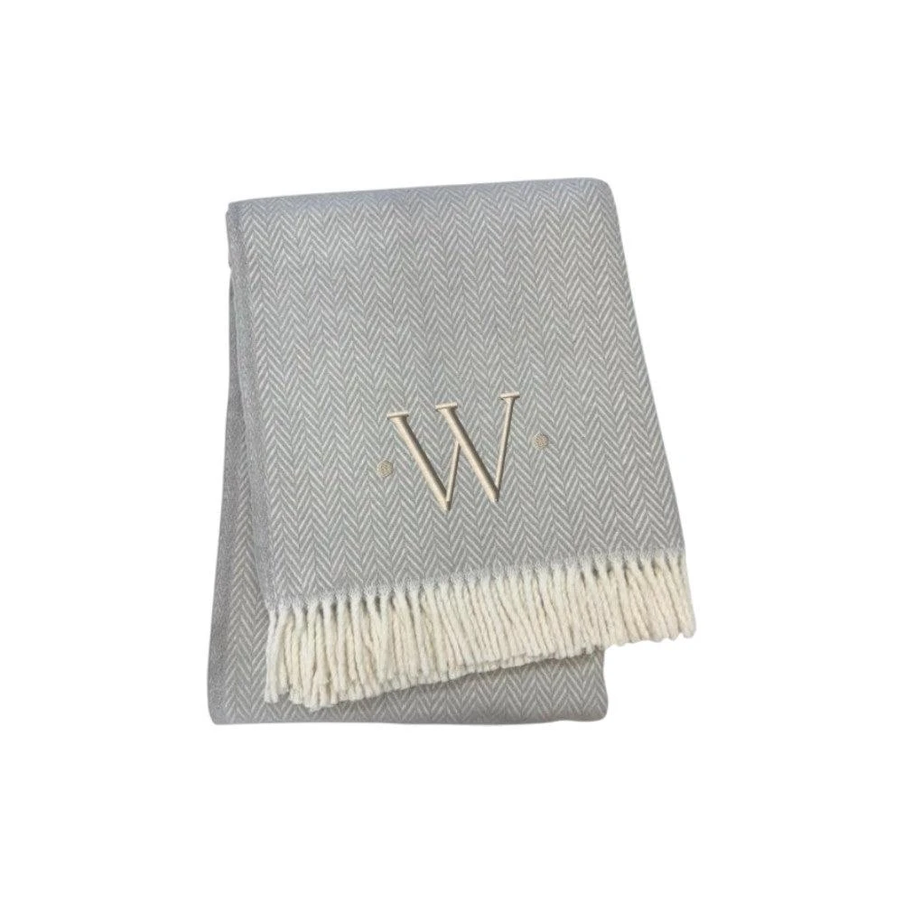 Hivvago 55" X 70" Gray And White Herringbone Cotton Blend W Initial Throw Blanket with Tassels And Embroidery