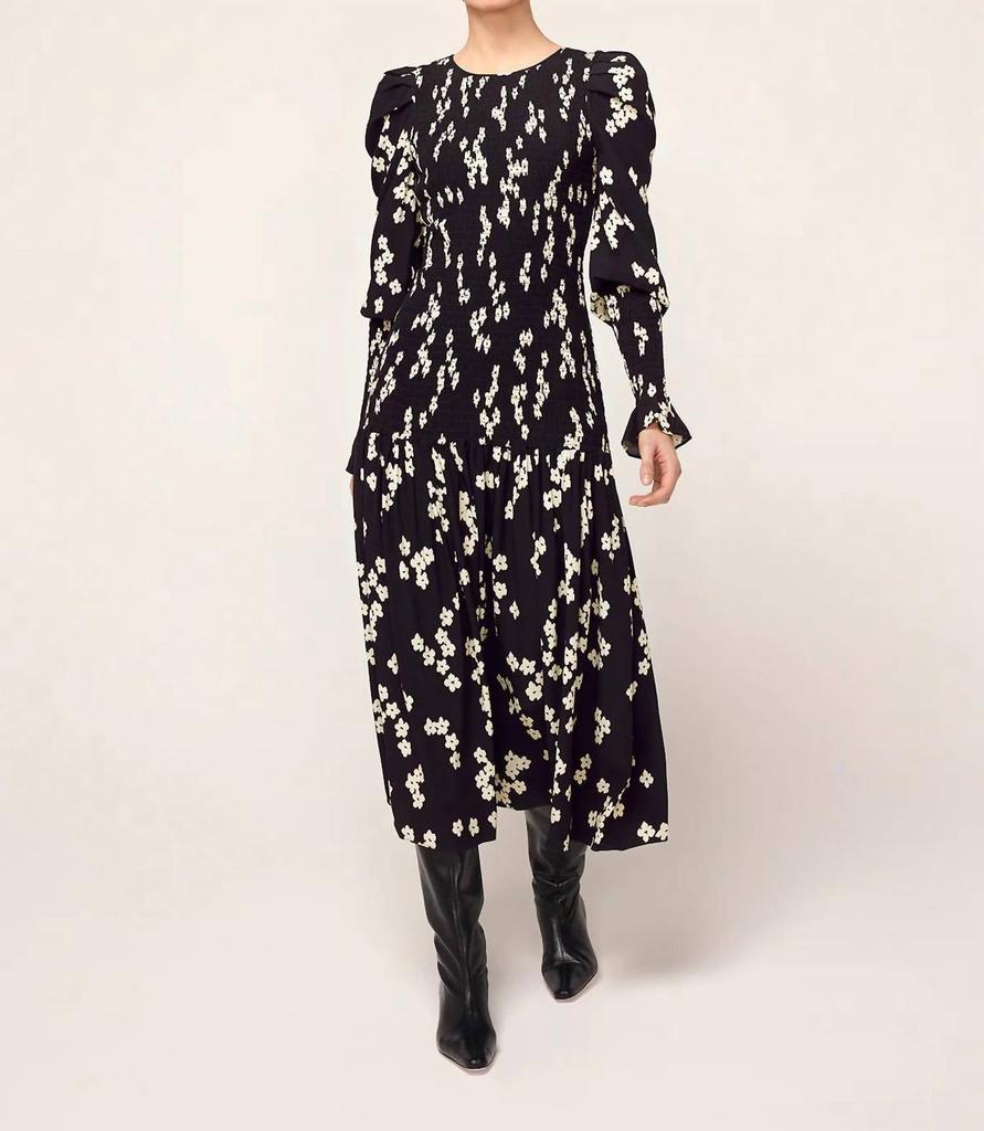 Kitri Floral Print Shirred Dress In Wren Black