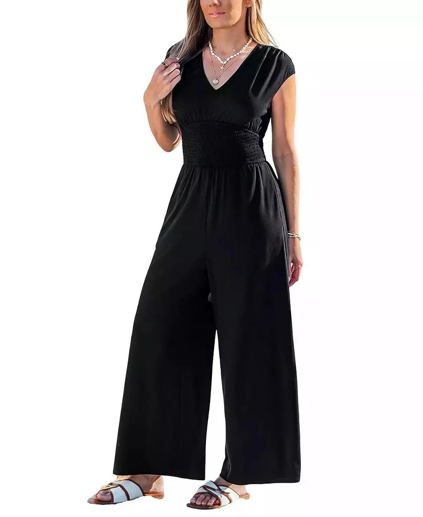 Cupshe Women
s V-Neck Smocked Waist Wide-Leg Jumpsuit