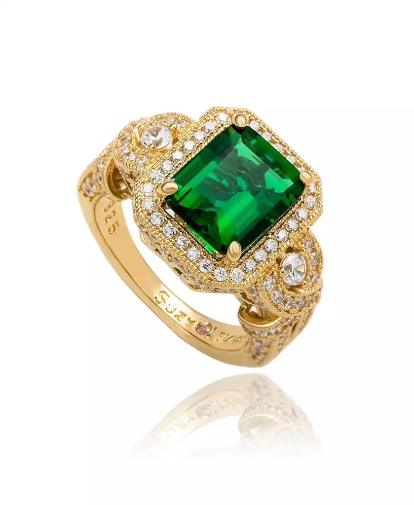 Suzy Levian New York Suzy Levian Yellow Sterling Silver Emerald-Cut Blue and White Cubic Zirconia Pave Ring