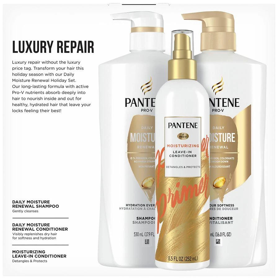 Pantene Daily Moisture Renewal Shampoo, Conditioner, Leave In Holiday Pack 2