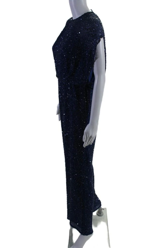 Jenny Packham Womens Silk Embroidered Sequined Ruched Jumpsuit Blue 2