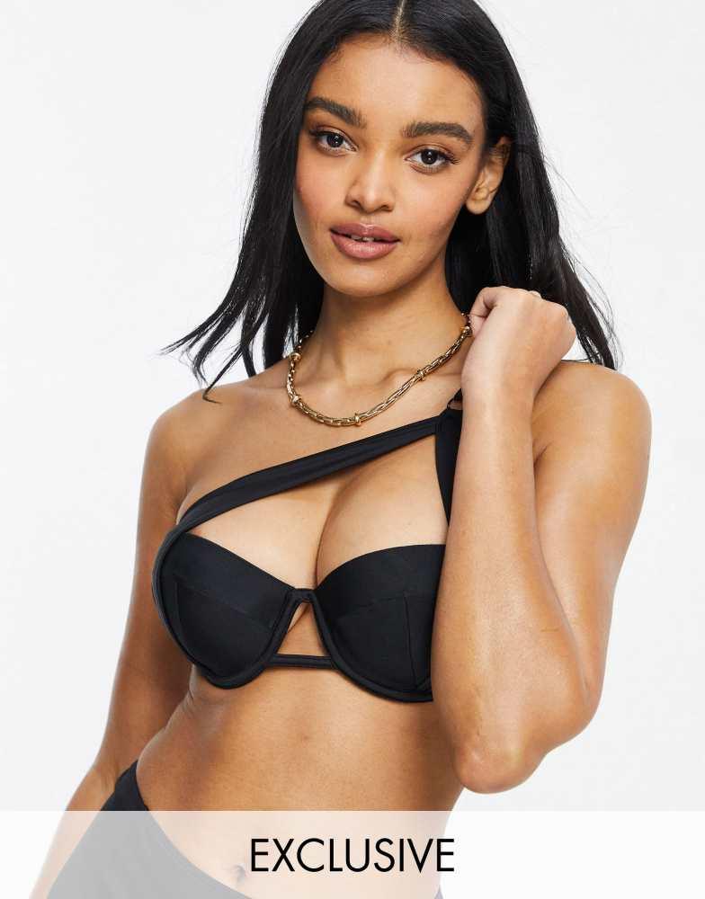 Wolf & Whistle Wolf & Whistle Exclusive Fuller Bust underwire one shoulder bikini top in black
